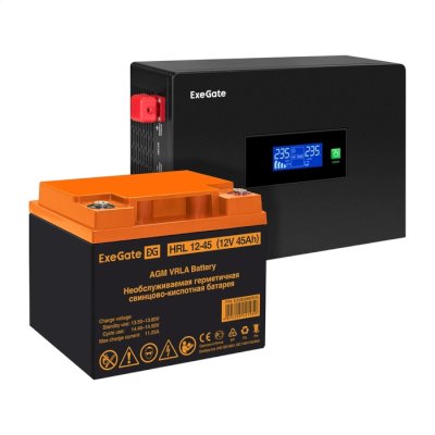 Комплект Источник бесперебойного питания EX295992RUS + батарея 45Aч EX285666RUS 1шт (инвертор, синус, для котла, PF=1, настенный) ExeGate IdealSine SR-600.LCD.2SH <600VA/600W, чистая синусоида, цветной LCD-дисплей, 2*Schuko, крепление настенное, черный> +