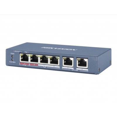 Коммутатор Hikvision DS-3E0106HP-E, 4×100 Мбит/с PoE + 2×100 Мбит/с, неуправляемый