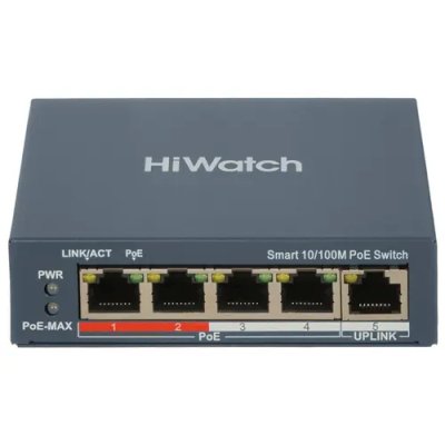 Коммутатор HiWatch SWT-1105P, 4×100 Мбит/с PoE + 1×1 Гбит/с, настраиваемый