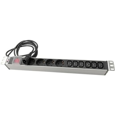 Блок розеток Rem-10 с выкл., 4 Sсhuko, 6 IEC 60320 C13, 10 A, алюм., 19", шнур 1,8 м. IEC 60320 C14 (R-10-4S-6C13-V-440-1.8)