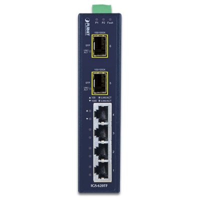 КоммутаторIGS-620TF индустриальный неуправляемыйIP30 Industrial 4-Port 10/100/1000T + 2-Port 100/1000X SFP Gigabit Switch (-40 to 75 degree C)