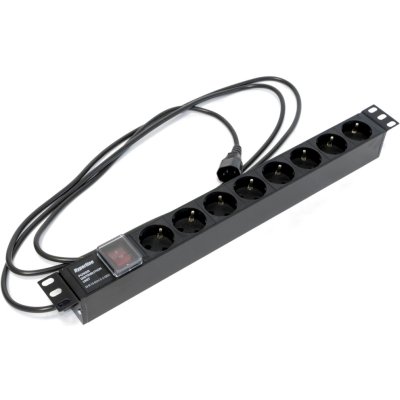 Hyperline SHE19-8SH-S-2.5IEC Блок розеток для 19" шкафов, горизонтальный, с выключателем с подсветкой, 8 розеток Schuko (10A), 250В, кабель питания 3х1.0мм2, длина 2.5 м, с вилкой IEC 320 C14, 482.6x4