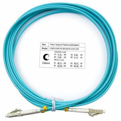 Комм. шнур оптический Cabeus Tight Buffer, Duplex LC/LC, OM3 50/125, LSZH, 3м, Ø 3мм, серый хвостовик, аква