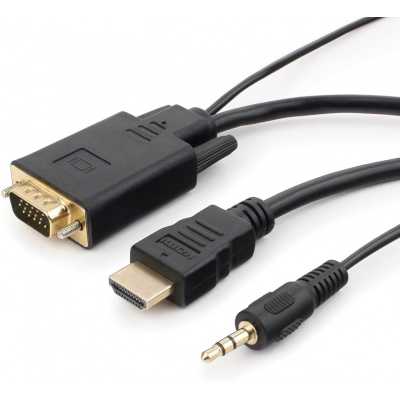 Кабель HDMI->VGA Cablexpert A-HDMI-VGA-03-6, 19M/15M + 3.5Jack, медь, позол.разъемы, 1.8м, черный, пакет