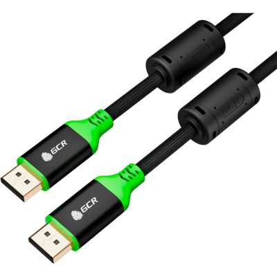 Кабель GCR PROF 2.0m DisplayPort v1.4, ECO Soft капрон, 8K 60Hz, 4K 165Hz, черный, AL case, зеленый ПВХ, ферритовые кольца, 3 Х экран с армированием, GCR-56284
