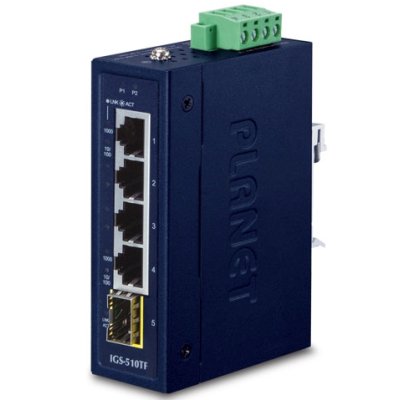 Коммутатор PLANET IGS-510TF IP30 Compact size 4-Port 10/100/1000T + 1-Port 100/1000X SFP Gigabit Ethernet Switch (-40~75 degrees C, dual 9~48V DC/24V AC)