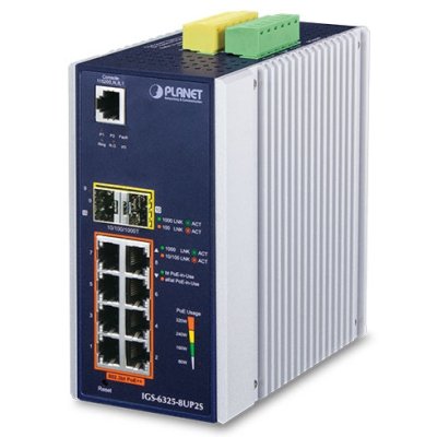 Коммутатор PLANET IGS-6325-8UP2S IP30 DIN-rail Industrial L3 8-Port 10/100/1000T 802.3bt PoE + 2-port 1G/2.5G SFP Full Managed Switch (-40 to 75 C, 8-port 95W PoE++, 802.3bt/PoH/Force modes, dual redundant power input on 48~56VDC terminal block, DIDO, ERP