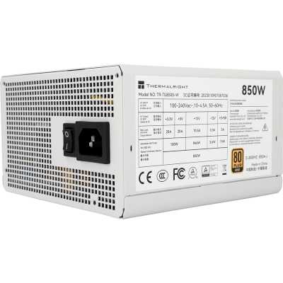 Блок питания ПК Thermalright, 850W 80+ Gold (ATX, 3.0, PCIe 5.0, Non-modular, 1x24(20+4)pin, 1xCPU 8(4+4)pin, 2xPCIe*2 8(6+2)pin, 5xSATA3, 1x12+4pin (12VHPWR PCIe 5.0 12+4pin 600mm), 3xMOLEX4pin, Active, 120x120mm, 150x140x86mm, APFC, white)