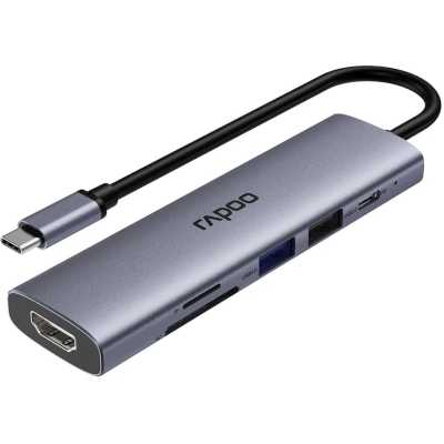 Переходник RAPOO 6-в-1 1xUSB-C to PD+1xHDMI(4Kx60Hz)+2xUSB3.0+1xSD deck+1xTF deck, серебро