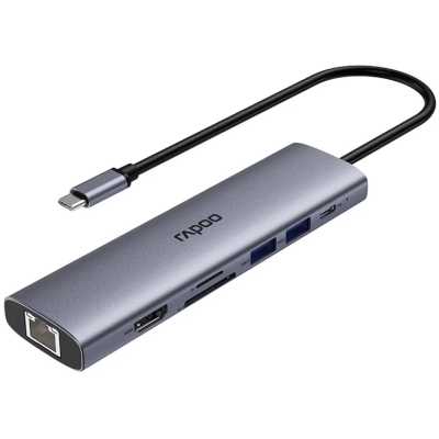 RAPOO Переходник 7-в-1 1xUSB-C to PD+1xHDMI(4Kx60Hz)+3xUSB3.0+1xSD deck+1xTF deck+1xRJ45 (13242)