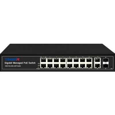 Коммутатор управляемый Trassir TR-NS24202S-300-16PoE с 16 PoE портами (10/100/1000 Мбит/с Base-TX PoE port) и 2 SFP портами и 2 RJ-45 Uplink ports.