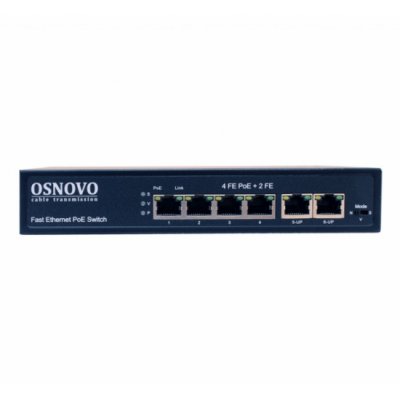 Коммутатор Osnovo SW-20600(80W) PoE коммутатор 6 портов, 4 PoE порта 10/100 Base-T, 2*10/100 Base-T Uplink, до 30W на порт, суммарно до 80W