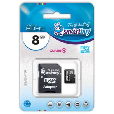 Флеш карта microSD 8Gb, Smartbuy microSDHC Class 4 (SD адаптер)