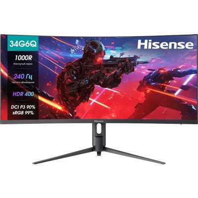 Монитор Hisense/ 34"/3440x1440, изогнутый, VA/ELED, 21:9, матовое/антибликовое, 240Гц, время отклика 1мс, 320кд/м2, 3000:1, встроенные колонки 2*3Вт, HDR 400, DisplayPort, HDMIх2, разъем для наушников 3.5мм, rotatable lifting
