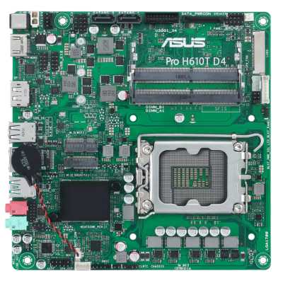 Материнская плата ASUS Pro H610T D4-CSM, LGA 1700, Intel H610, 2xSO-DIMM DDR4, 2xSATA, 1xM.2 (PCIe 4.0 x4/SATA), 1xHDMI, 1xDP, 1x 1Gb LAN, 2xUSB-A 3.2 Gen 1, 2xUSB-A 2.0, 2x3.5 мм, 7.1, Mini-ITX
