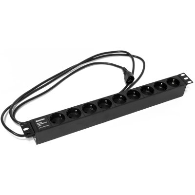 Hyperline SHE19-9SH-2.5IEC Блок розеток для 19" шкафов, горизонтальный, 9 розеток Schuko (10A), 250В, кабель питания 3х1.0мм2, длина 2.5 м, с вилкой IEC 320 C14, 482.6x44.4x44.4мм (ДхШхВ)