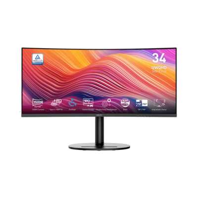 Монитор 34" MSI Modern MD342CQP VA 3440x1440, 120 Гц, 4 мс, 21:9, 300 кд/м², 2xHDMI 2.0b, DP 1.4a, USB-C, USB Hub (2x USB 3.0), 3.5 Jack, динамики (2x3 Вт), Adaptive-Sync, изогнутый экран (1500R), черный