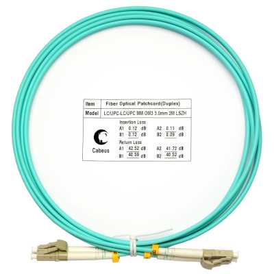 Коммутационный шнур оптический Cabeus Tight Buffer, Duplex LC/LC, OM3 50/125, LSZH, 2м, d= 3мм, серый хвостовик, аква